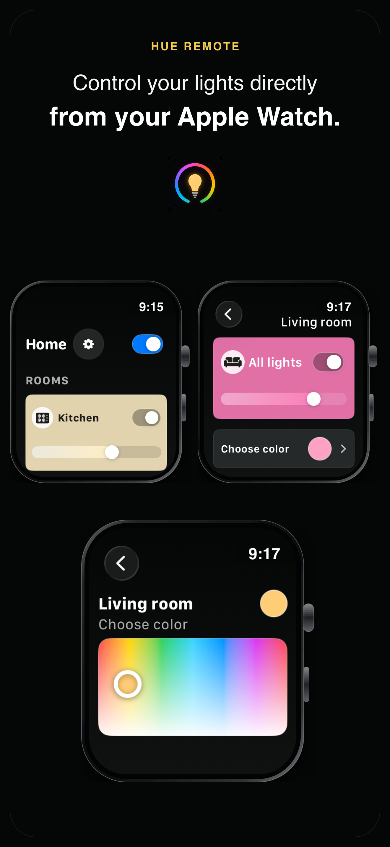 Hue Remote for Watch screens for room, brightness, and color control on Apple Watch